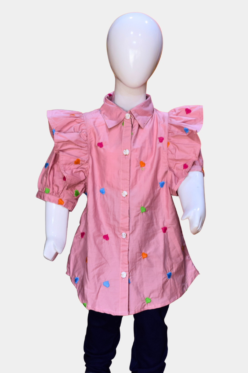 Toddler Girls’ Ruffle Sleeve Shirt with Colorful Heart Embroidery | Casual Cotton Top