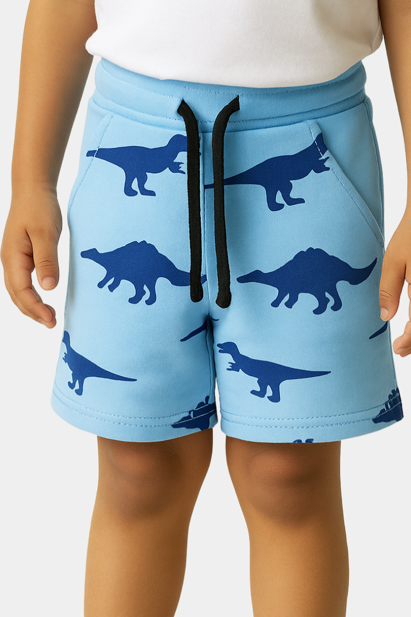 Kids' Blue Dinosaur Print Terry Shorts – Soft, Fun & Play-Ready