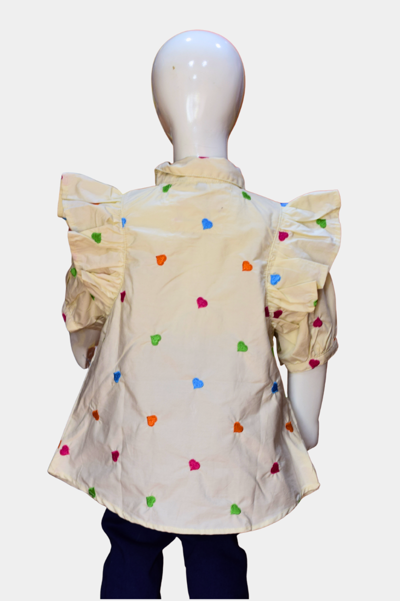 Toddler Girls’ Cream Cotton Shirt | Charming Heart Embroidered Ruffle Sleeve Top