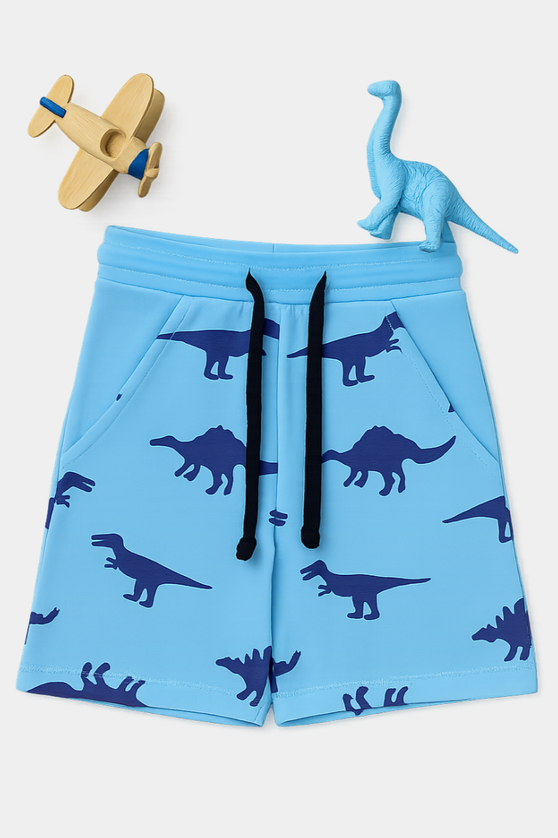 Kids' Blue Dinosaur Print Terry Shorts – Soft, Fun & Play-Ready