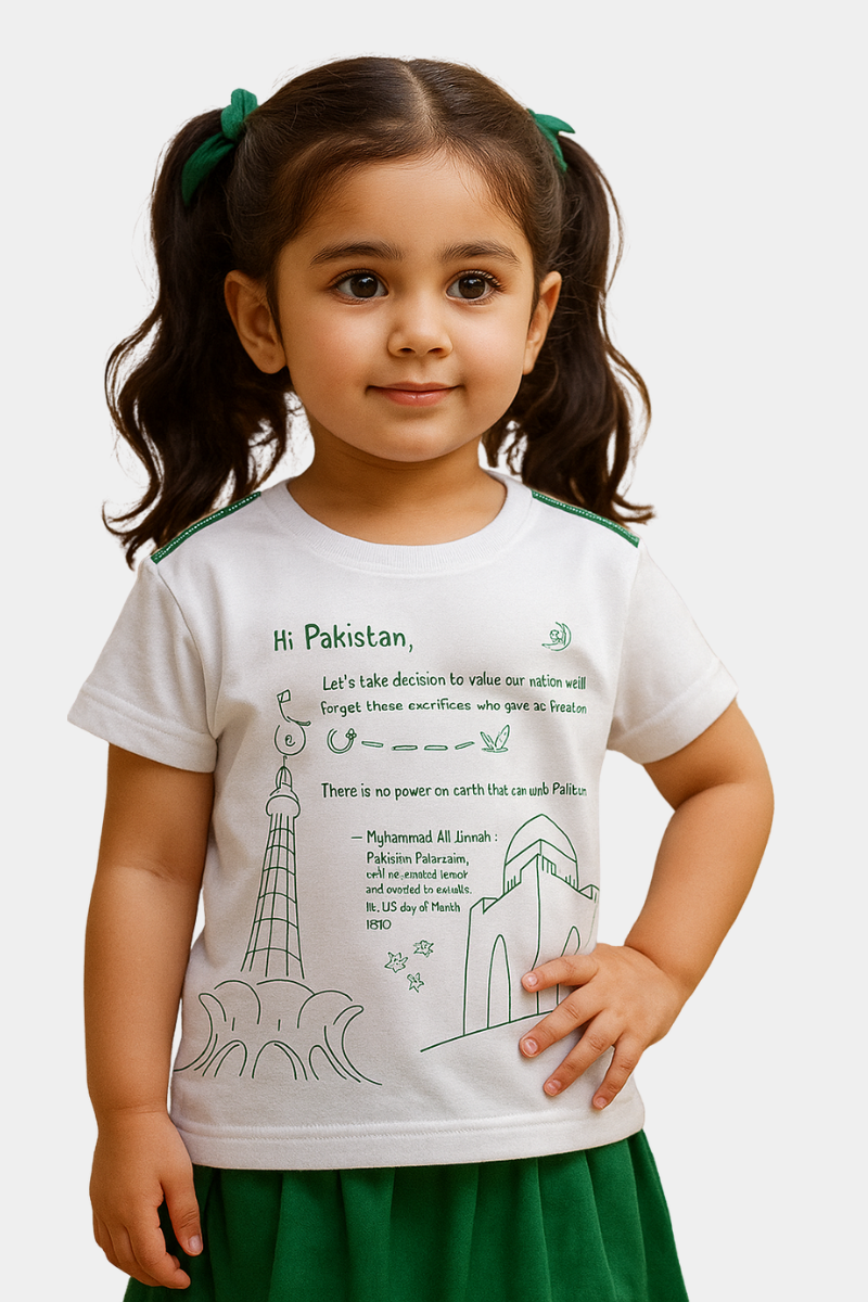 Kids White Pakistan Independence Day T-Shirt – Minar-e-Pakistan & Mazar-e-Quaid Print