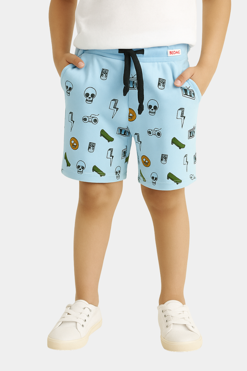 Boys' Light Blue Graphic Print Shorts with Drawstring Waist