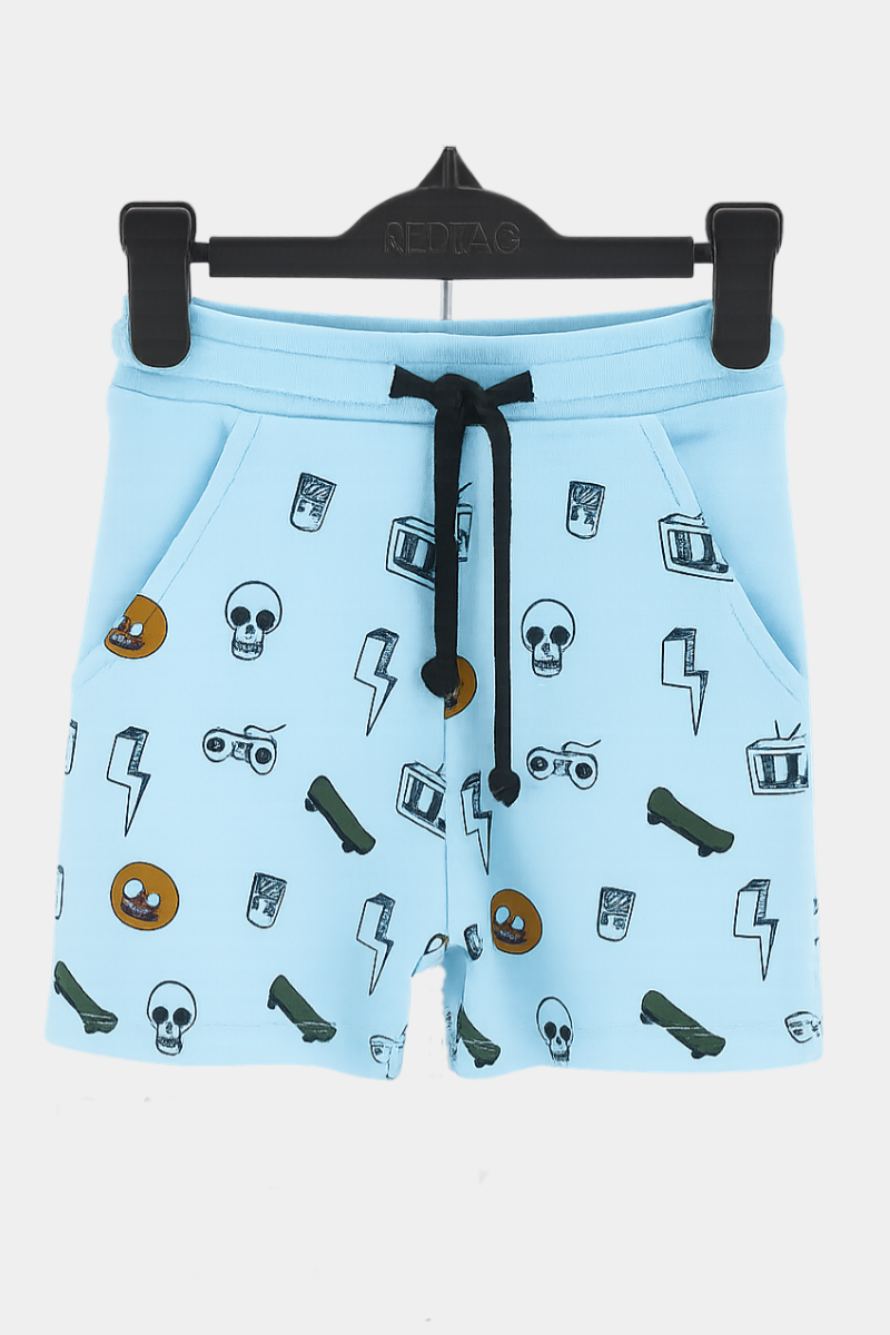 Boys' Light Blue Graphic Print Shorts with Drawstring Waist