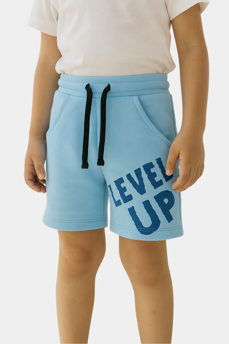 Kids' "Level Up" Light Blue Graphic Cotton Shorts with Drawstring