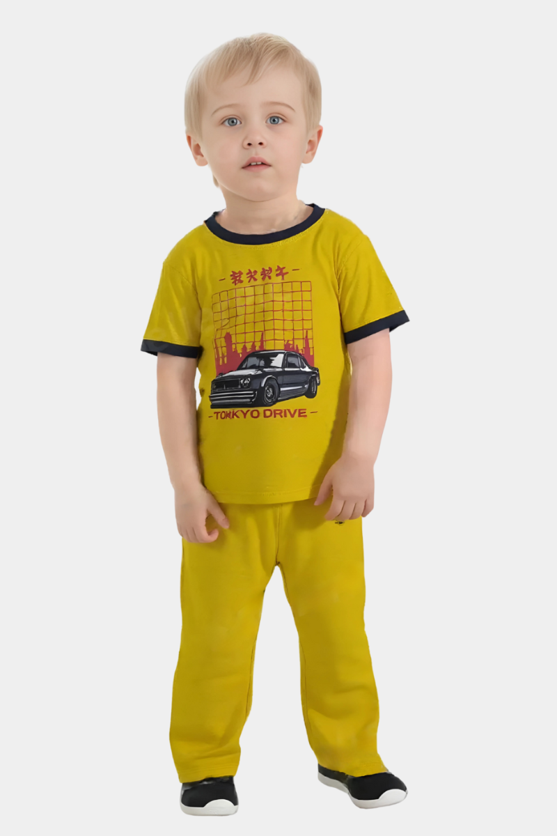 BOYS HALF SLEEVES COTTON JERSEY 2 PIECE SUITE PRINTED - YELLOW