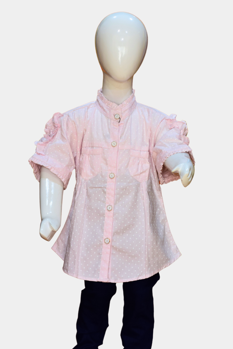 Trendy Girls Pink Polka Dot Shirt with Ruffle Sleeves | Kids Fashion Top