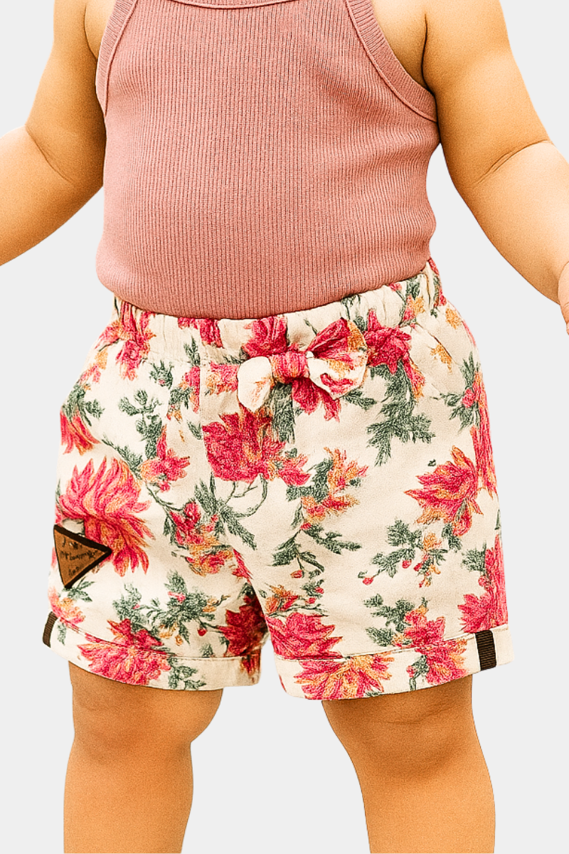 Premium Floral Print Kids’ Shorts – Luxury China Cotton Fabric with Bow Detail