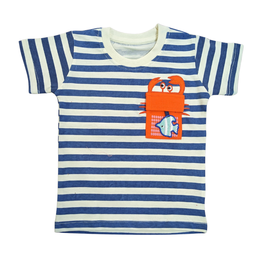 Nautical Striped Kids' T-Shirt with Fun Cartoon Pocket – Blue & White