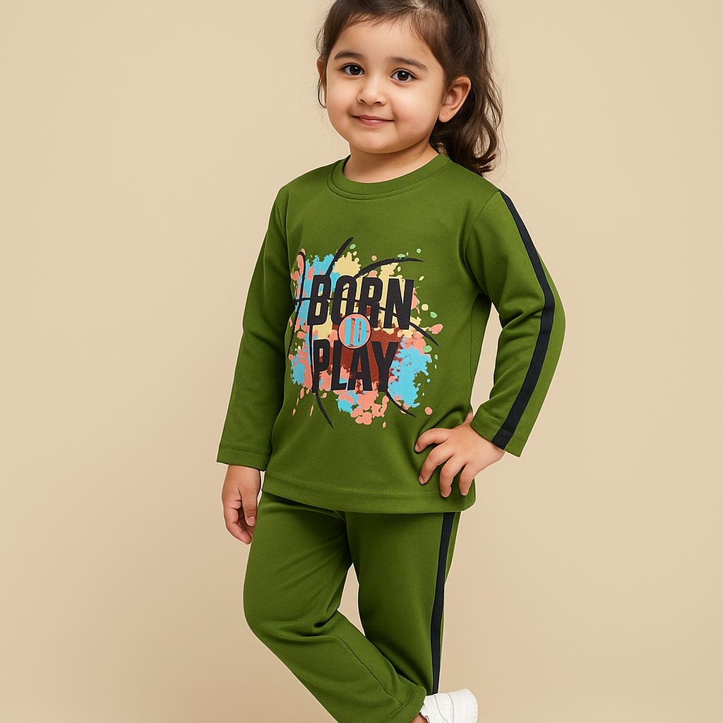 Kids’ “Born to Play” Olive Green Full-Sleeve Pajama Set – Premium Soft Cotton