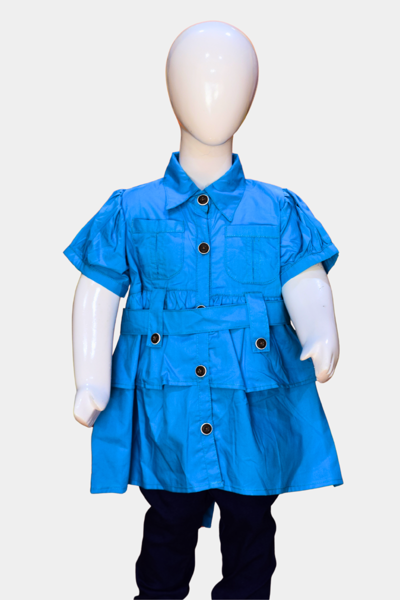 Kids’ Stylish Blue Utility Shirt Dress with Tiered Skirt & Belt | Stylish Girls’ Outfit