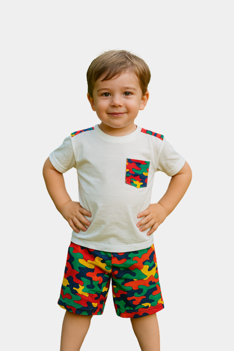 Toddlers's White Tee with Camo Pocket and short For Boys and Girls