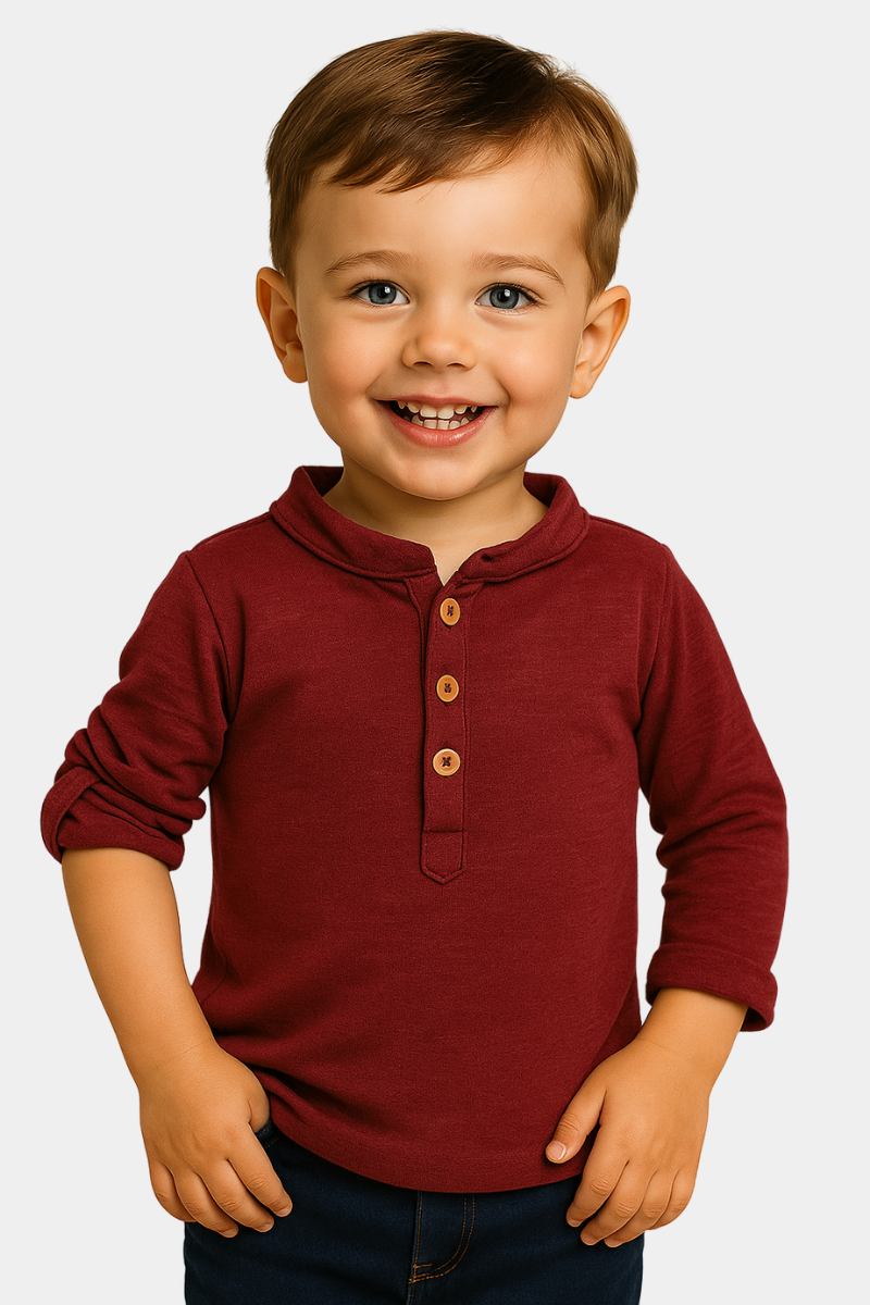 Boys' Casual Blue Henley Shirt with Roll-Up Sleeves - Mahroon