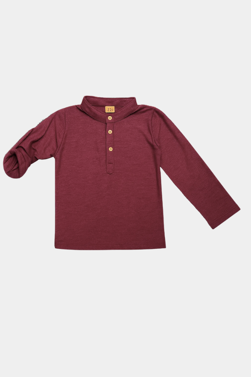 Boys' Casual Blue Henley Shirt with Roll-Up Sleeves - Mahroon