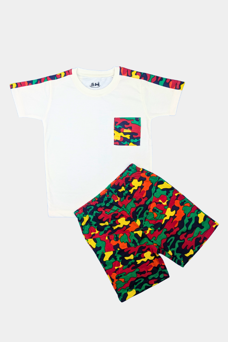 Toddlers's White Tee with Camo Pocket and short For Boys and Girls