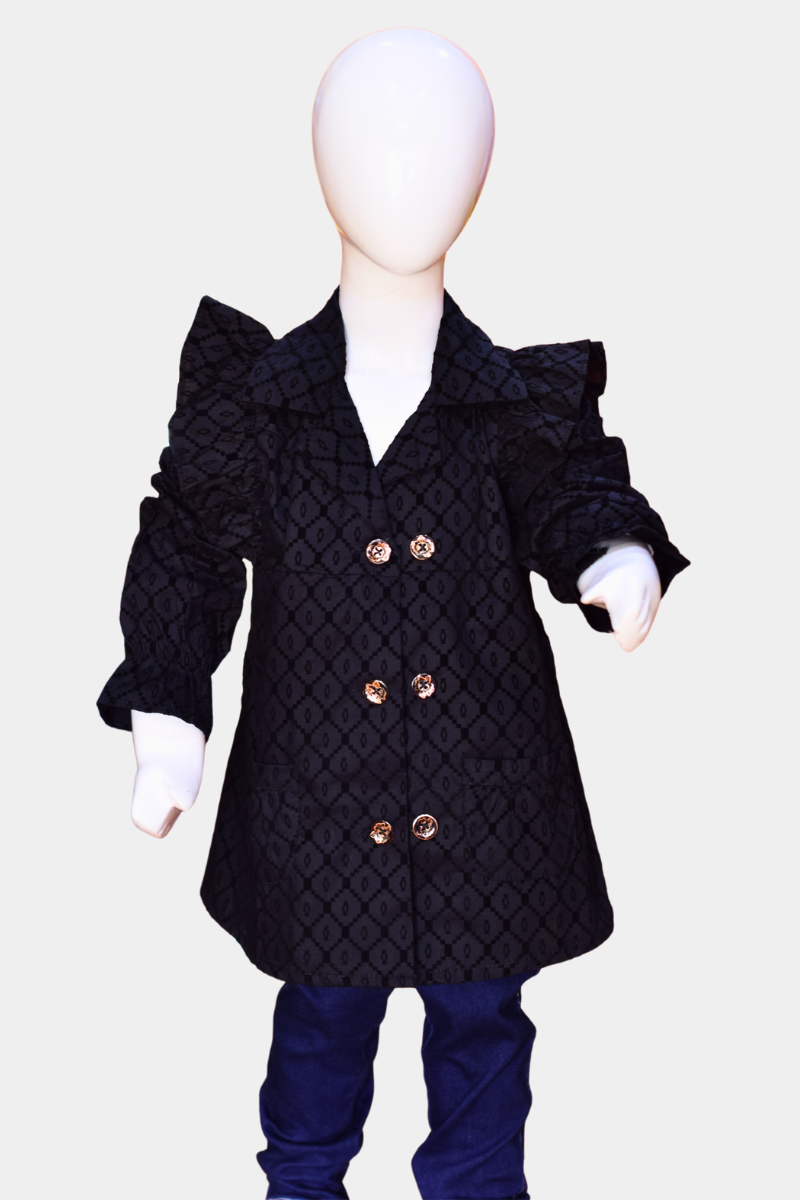 Kids’ Black Embossed Pattern Coat | Stylish & Warm Children’s Jacket