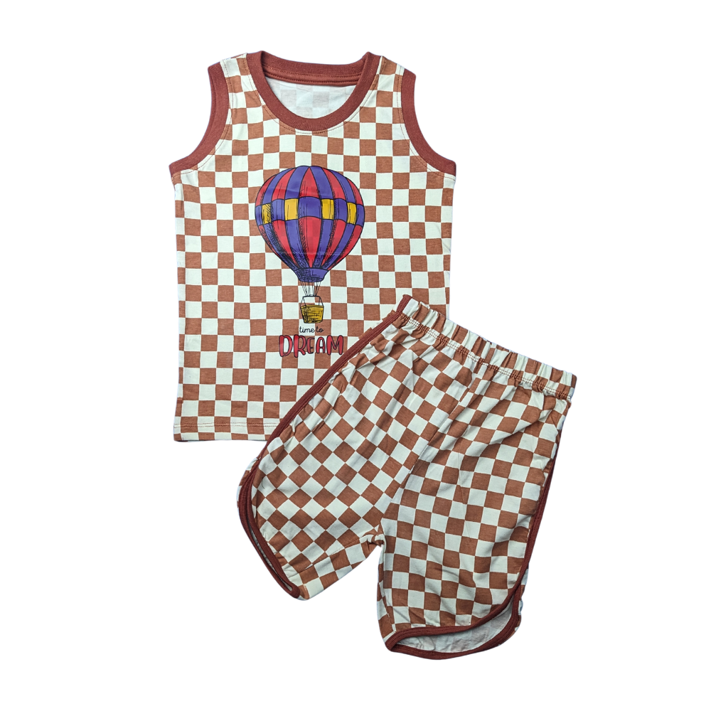 Kids Checkered Sleeveless Sando Set - Time to Dream Print