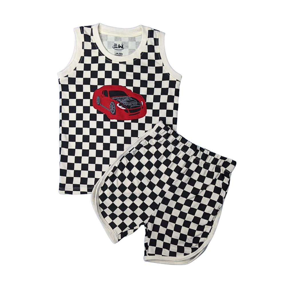 Kids Checkered Sleeveless Sando Set - Red Sports Car Print