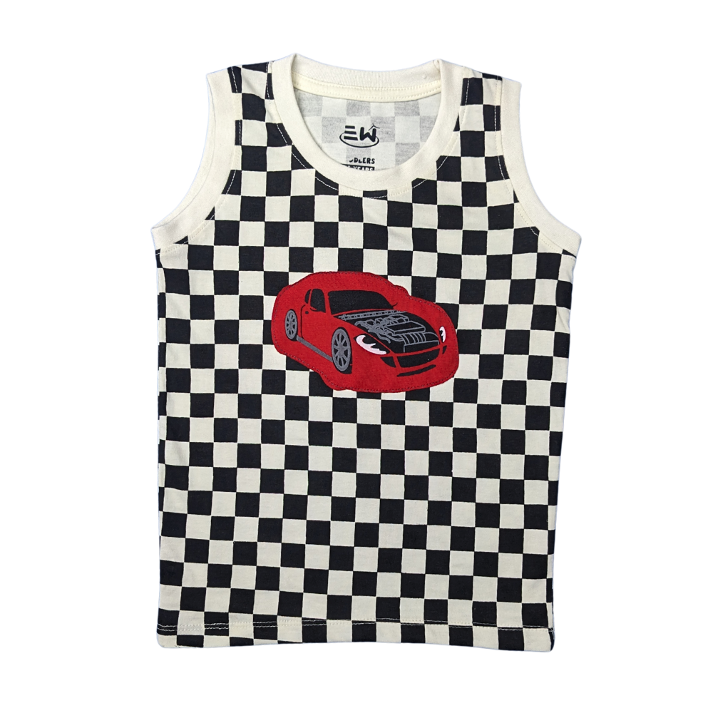Kids Checkered Sleeveless Sando Set - Red Sports Car Print