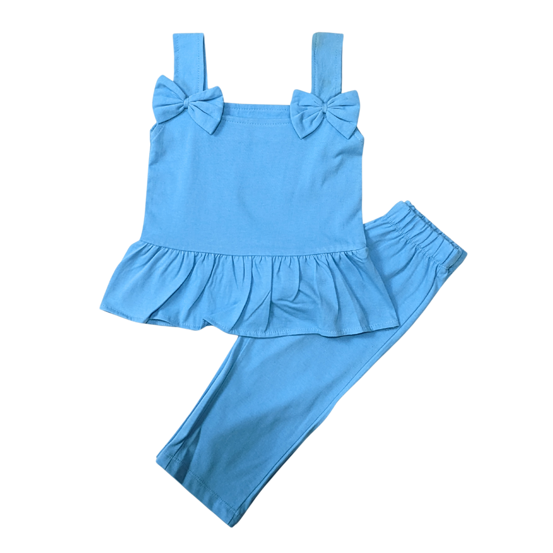 Infant Girls Adorable Bow Strap Peplum Top & Wide-Leg Pants Set – Sky Blue