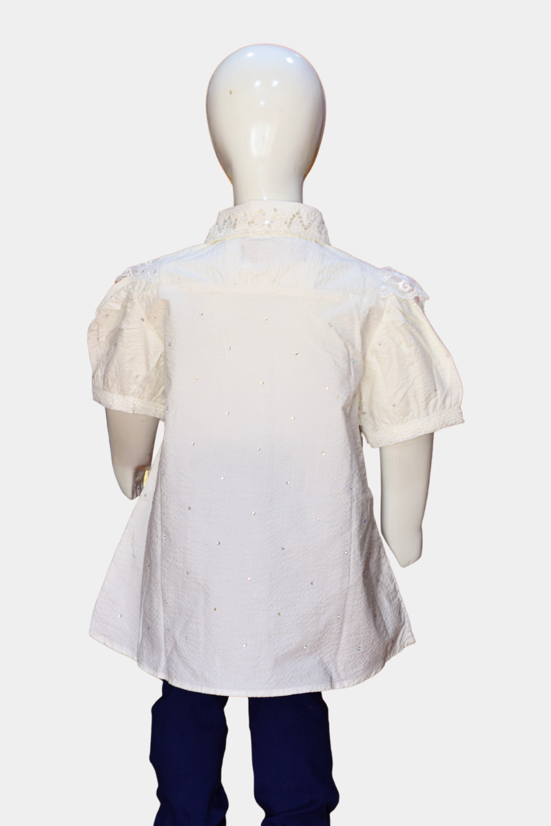 Elegant Kids’ White Lace & Sequin Blouse | Stylish Ruffled Sleeve Top for Girls