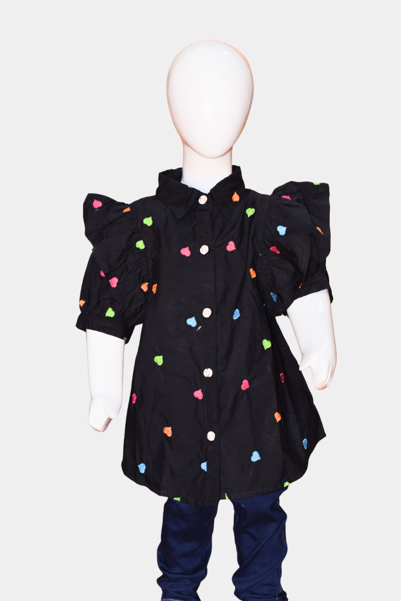 Kids' Black Heart Embroidered Shirt with Ruffle Sleeves | Adorable Button-Up Top