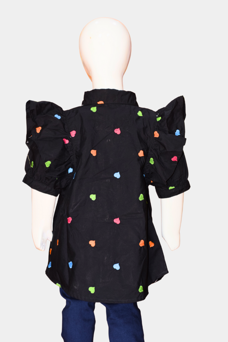 Kids' Black Heart Embroidered Shirt with Ruffle Sleeves | Adorable Button-Up Top