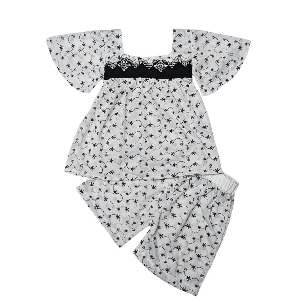White Floral Embroidered Top and Shorts Set