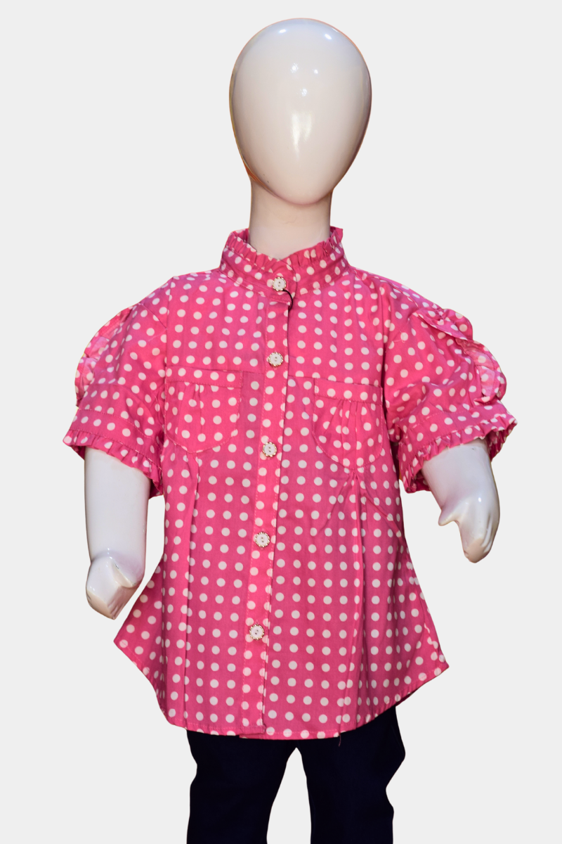 Girls Bright Pink Polka Dot Shirt with Ruffle Sleeves | Kids Fashion Top