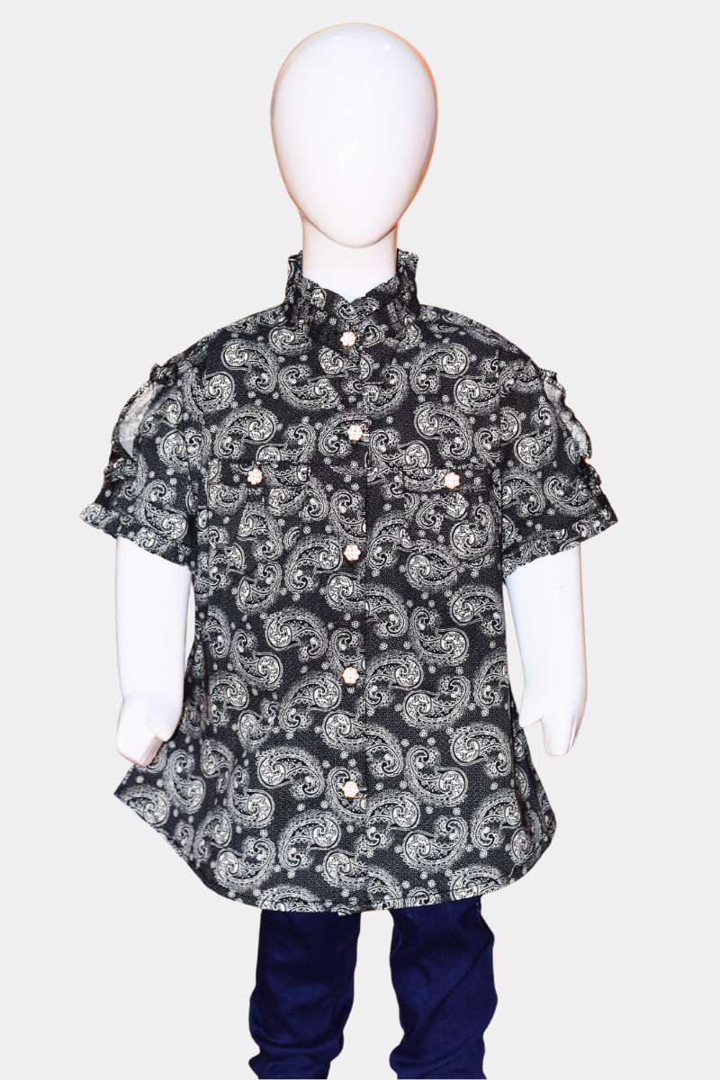Kids' Black & White Paisley Print Button-Down Shirt | Stylish Short Sleeve Top