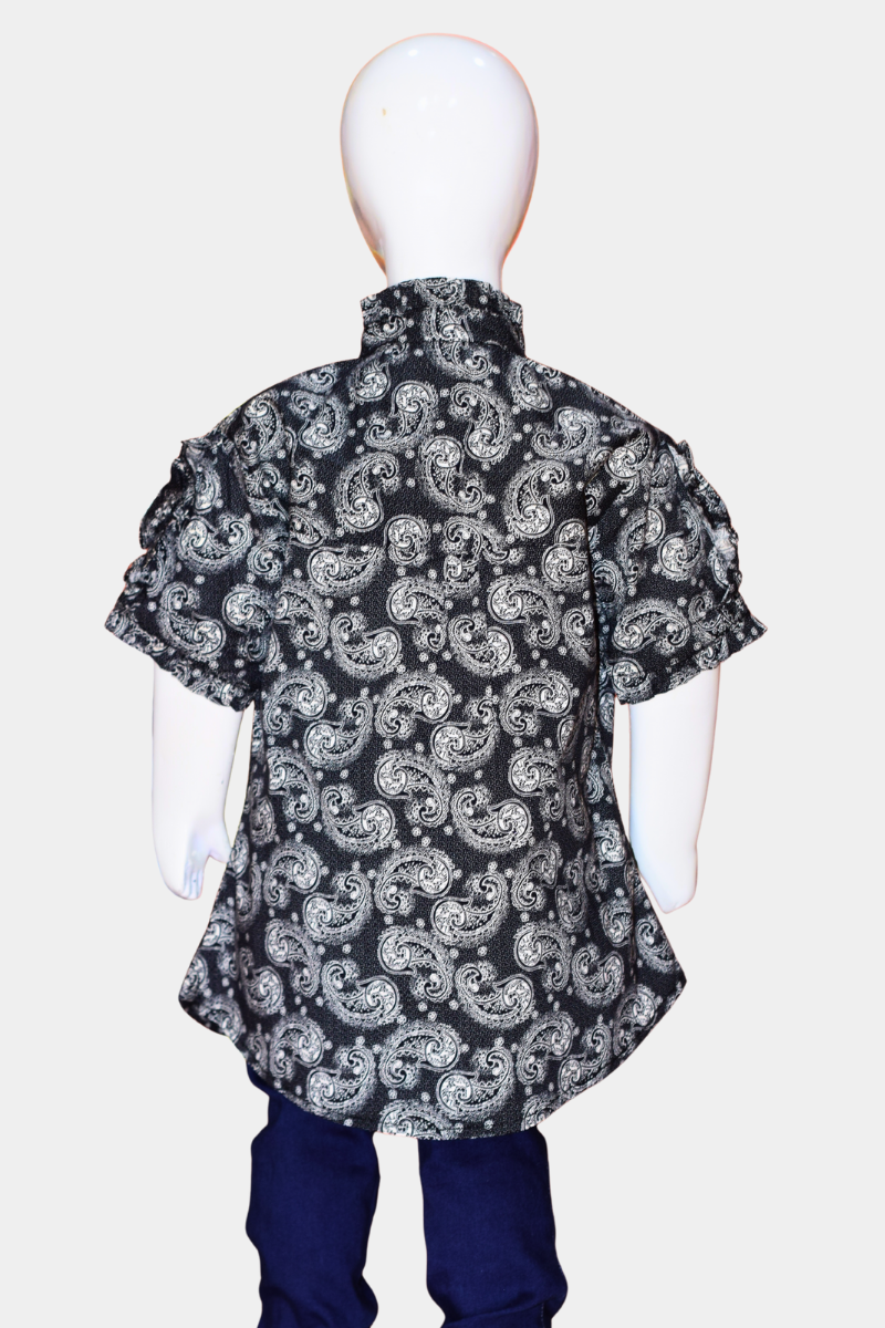 Kids' Black & White Paisley Print Button-Down Shirt | Stylish Short Sleeve Top