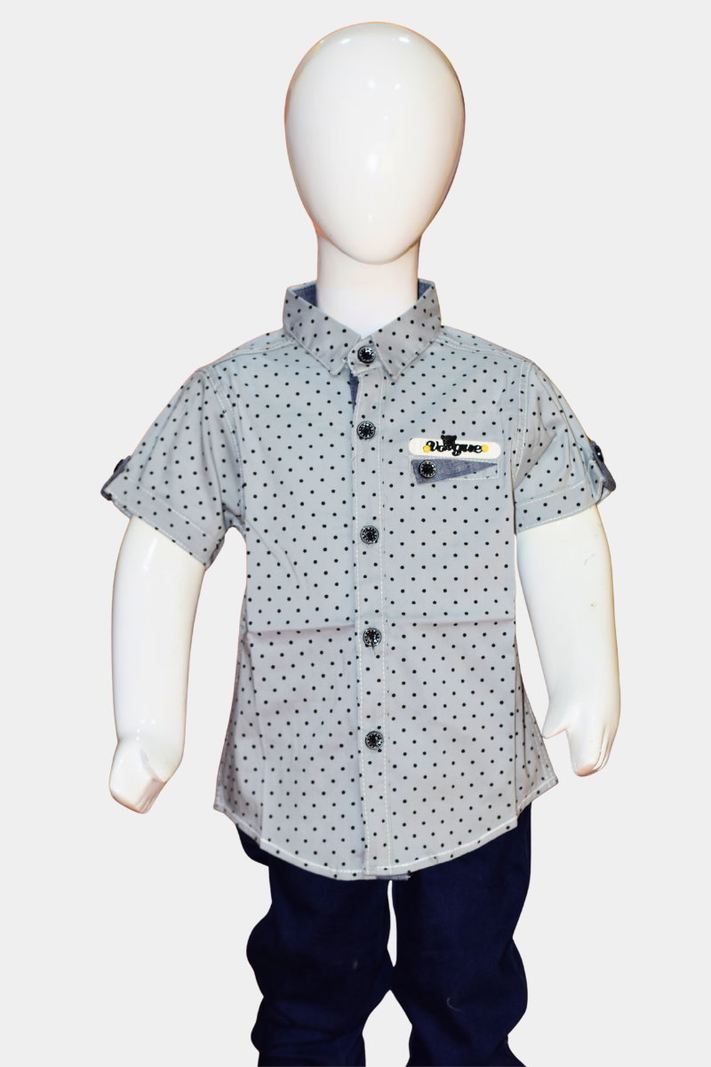 Stylish Grey Polka Dot Kids' Shirt | Half Sleeve Cotton Boys' Top with Vogue Patch
