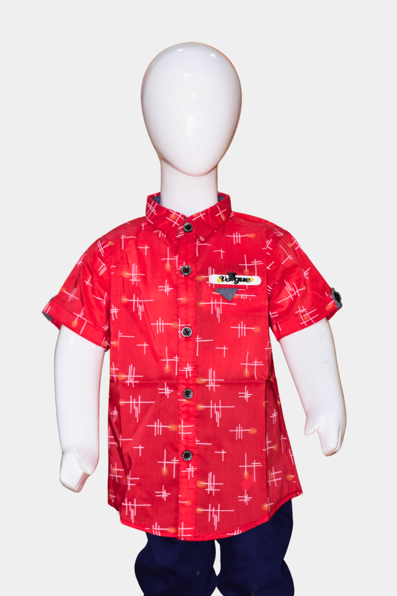 Vibrant Red Printed Cotton Kids Shirt | Stylish Short Sleeve Boys' Top