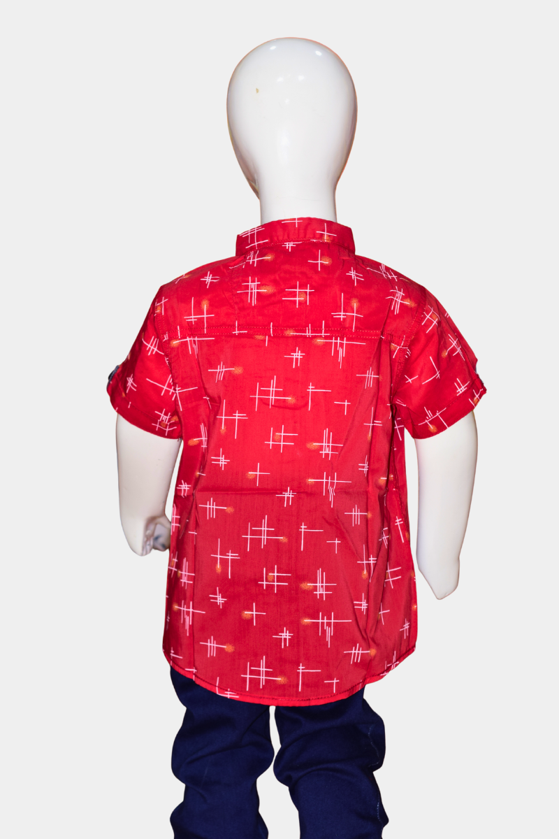 Vibrant Red Printed Cotton Kids Shirt | Stylish Short Sleeve Boys' Top