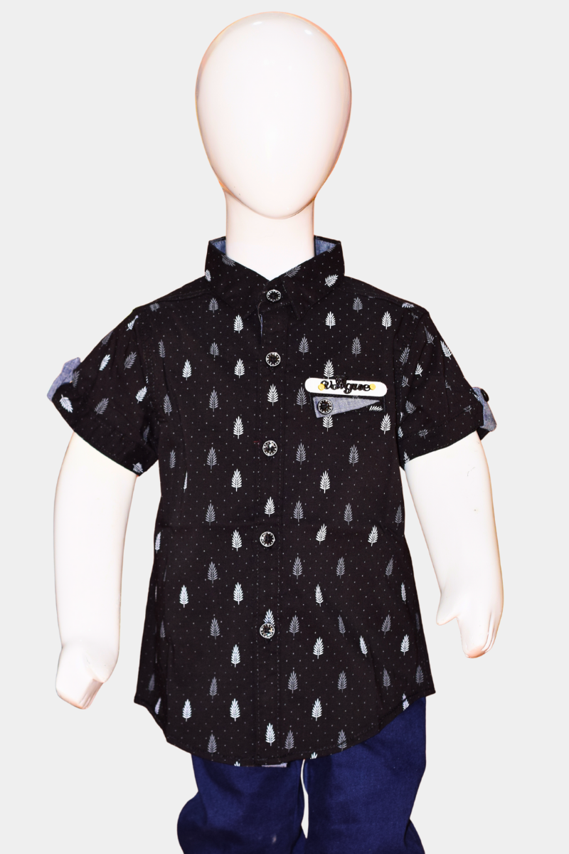 Boys' Stylish Black & White Tree Print Cotton Shirt | Half Sleeve Casual Kids' Top