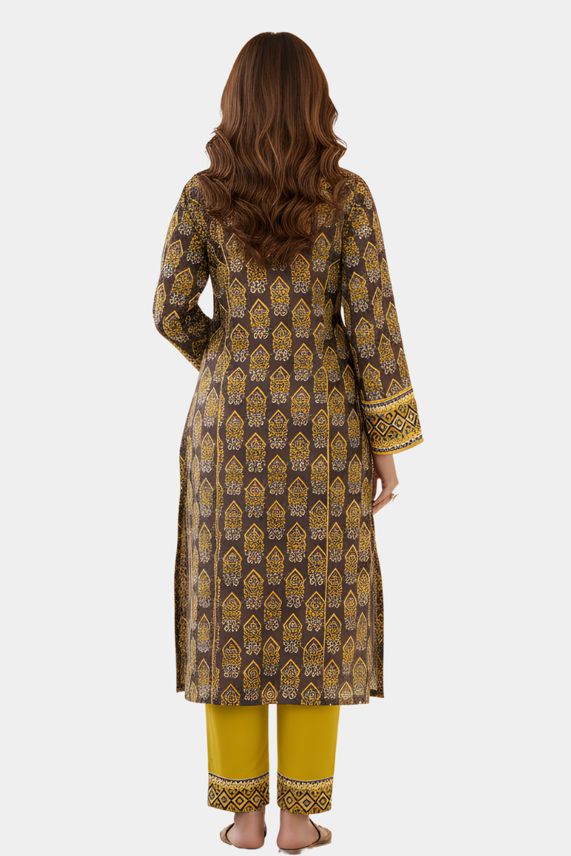 Embroidered Neckline Printed Two-Piece Suit