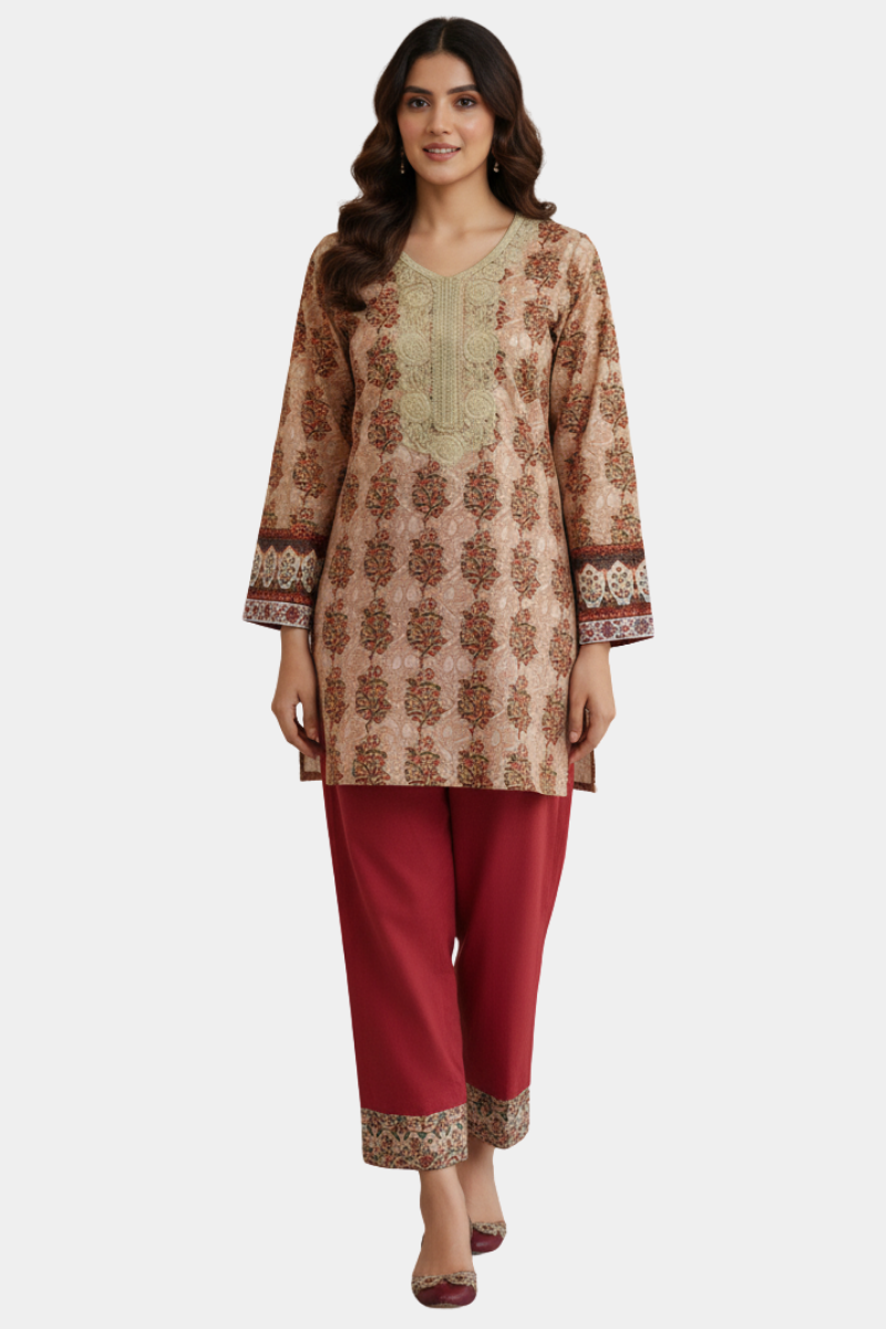 Mughal Print Embroidered Short Kurta Set