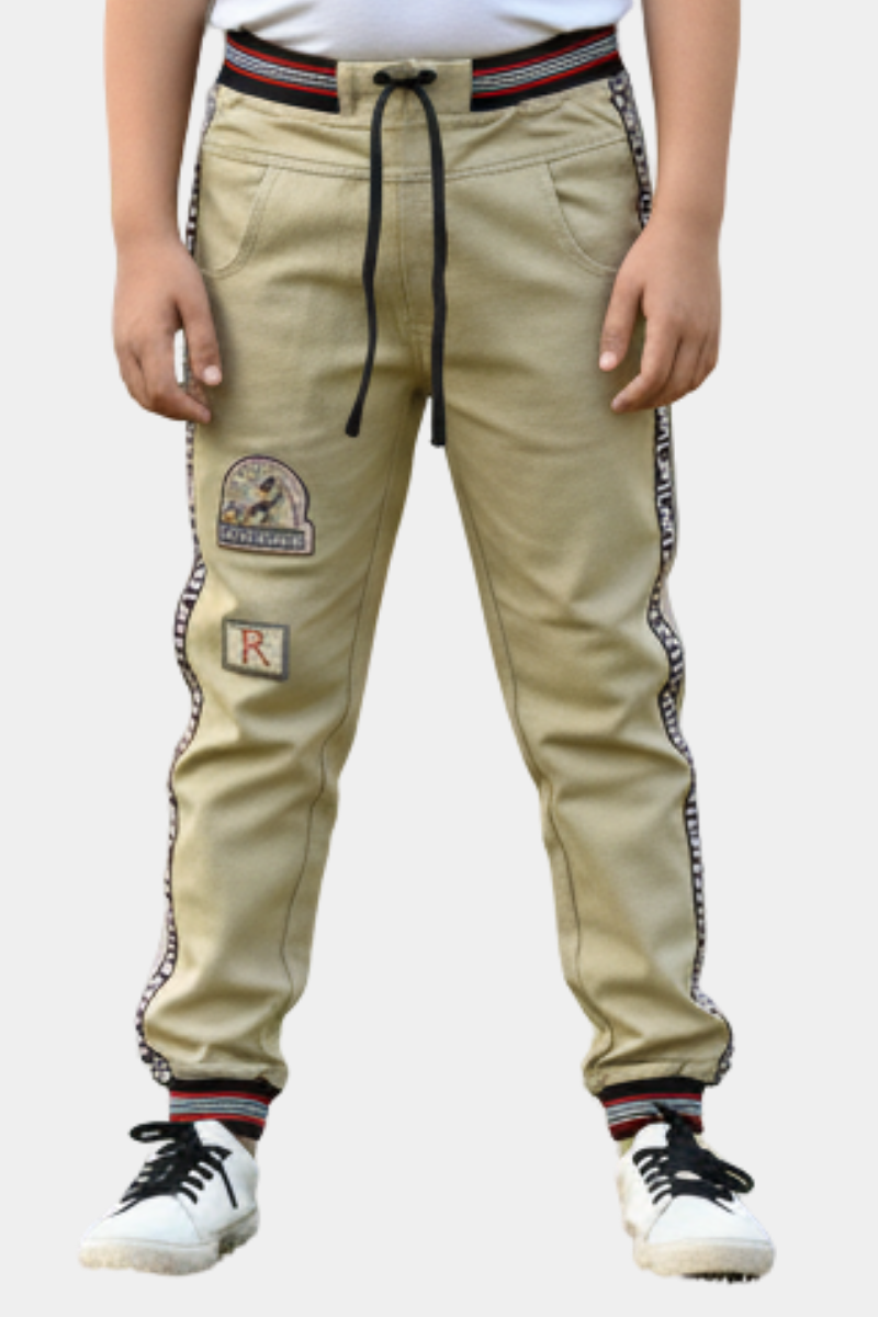 Khaki Kids' Joggers with Sporty Stripes & Patches