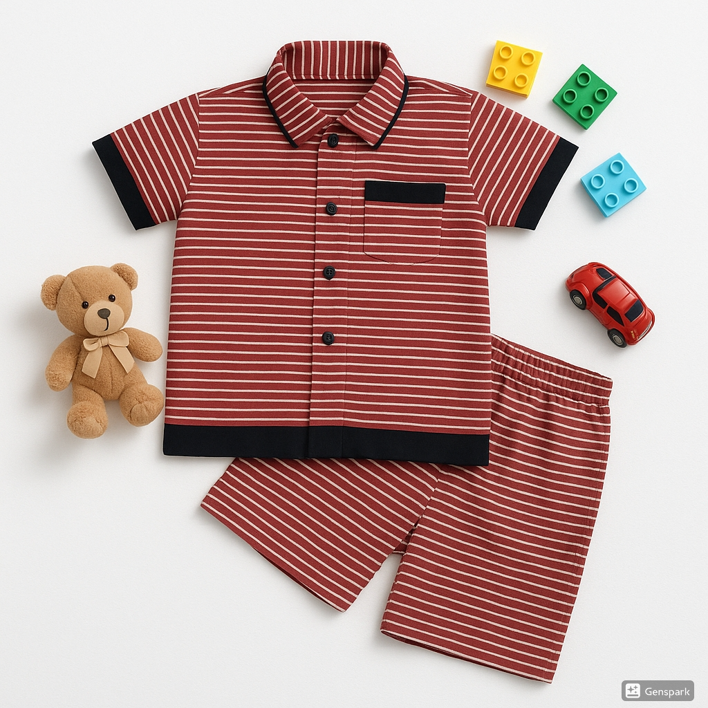 Boys' Striped Collared Shirt & Shorts Set – Maroon & Black | Summer Outfit