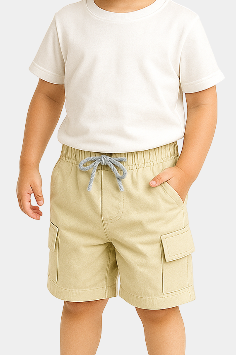 Boys’ Classic Beige Cargo Shorts – Stretch Waist with Drawstring