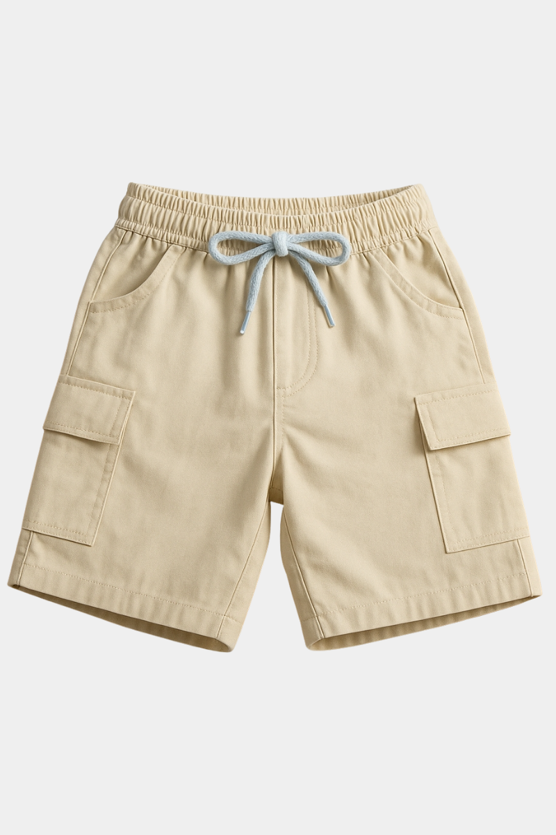 Boys’ Classic Beige Cargo Shorts – Stretch Waist with Drawstring