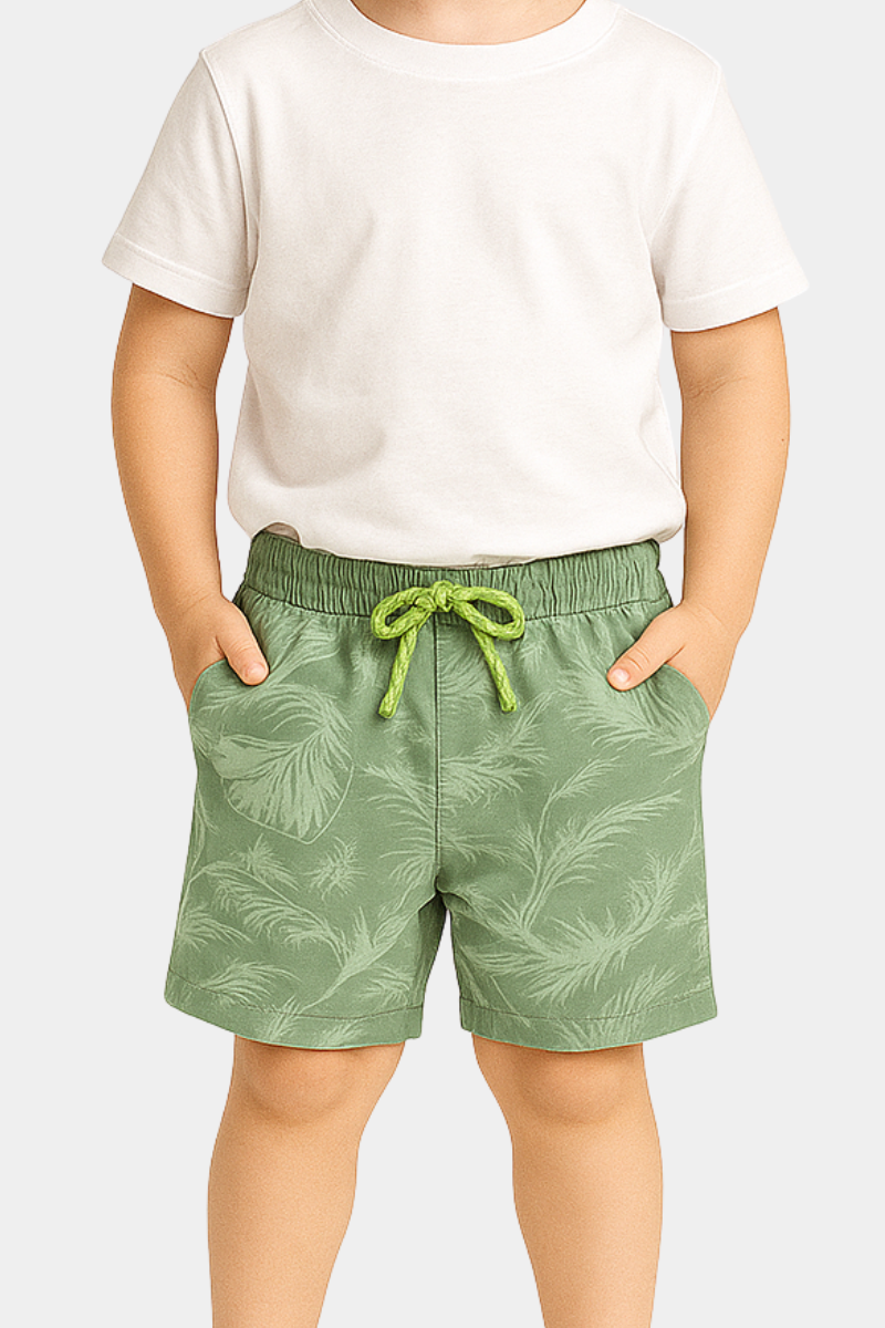Tropical Leaf Print Green Drawstring Shorts – Unisex
