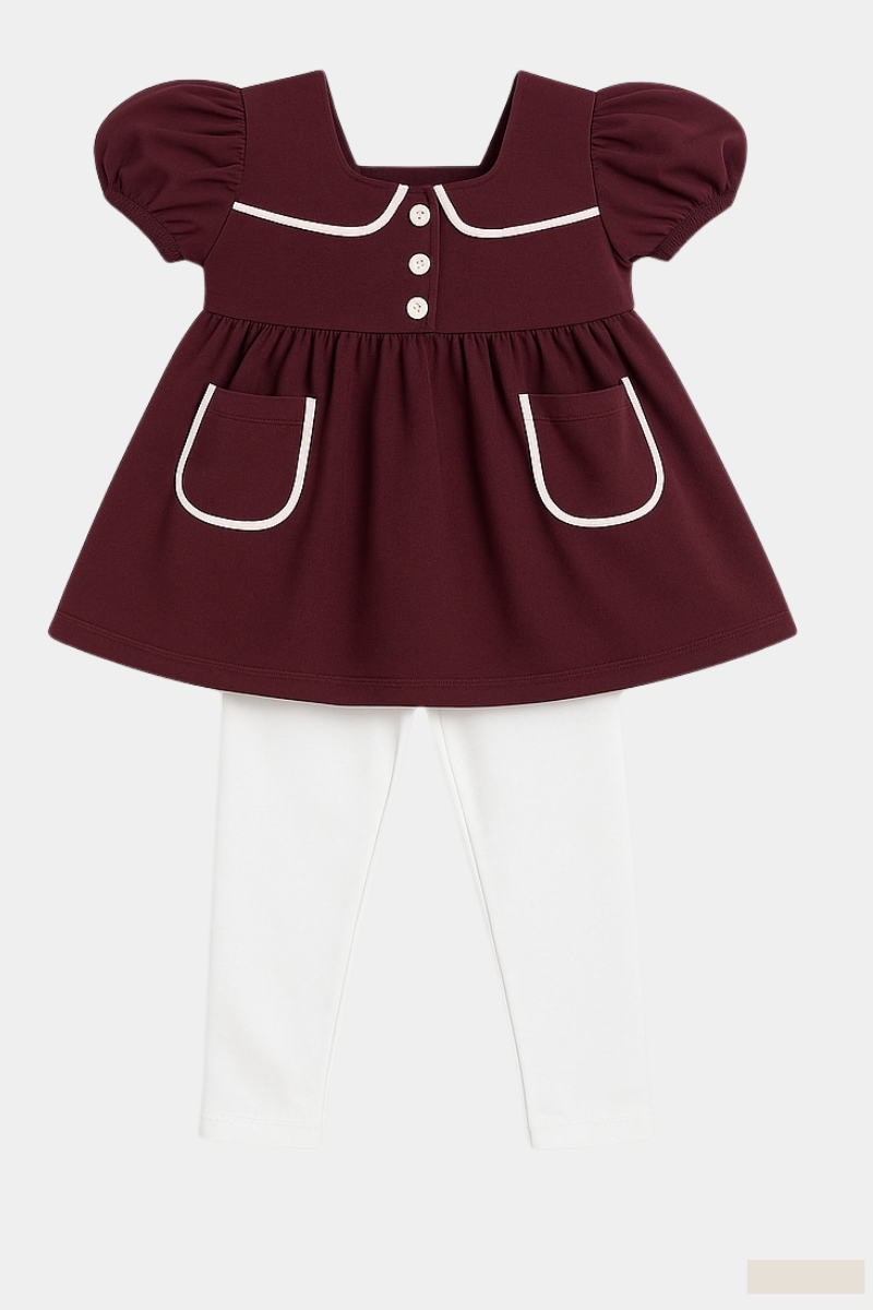 Elegant Girls' Maroon Frock with White Leggings – Stylish & Comfortable Outfit