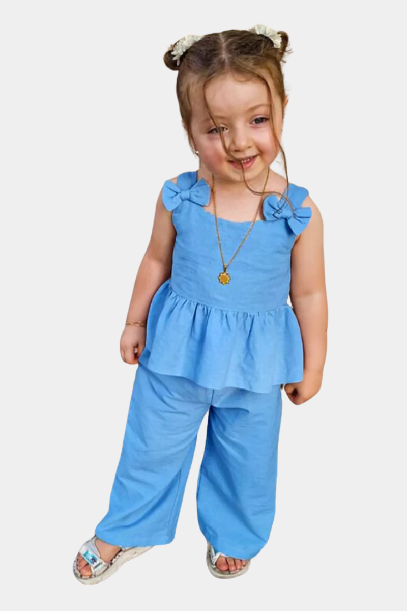 Infant Girls Adorable Bow Strap Peplum Top & Wide-Leg Pants Set – Sky Blue