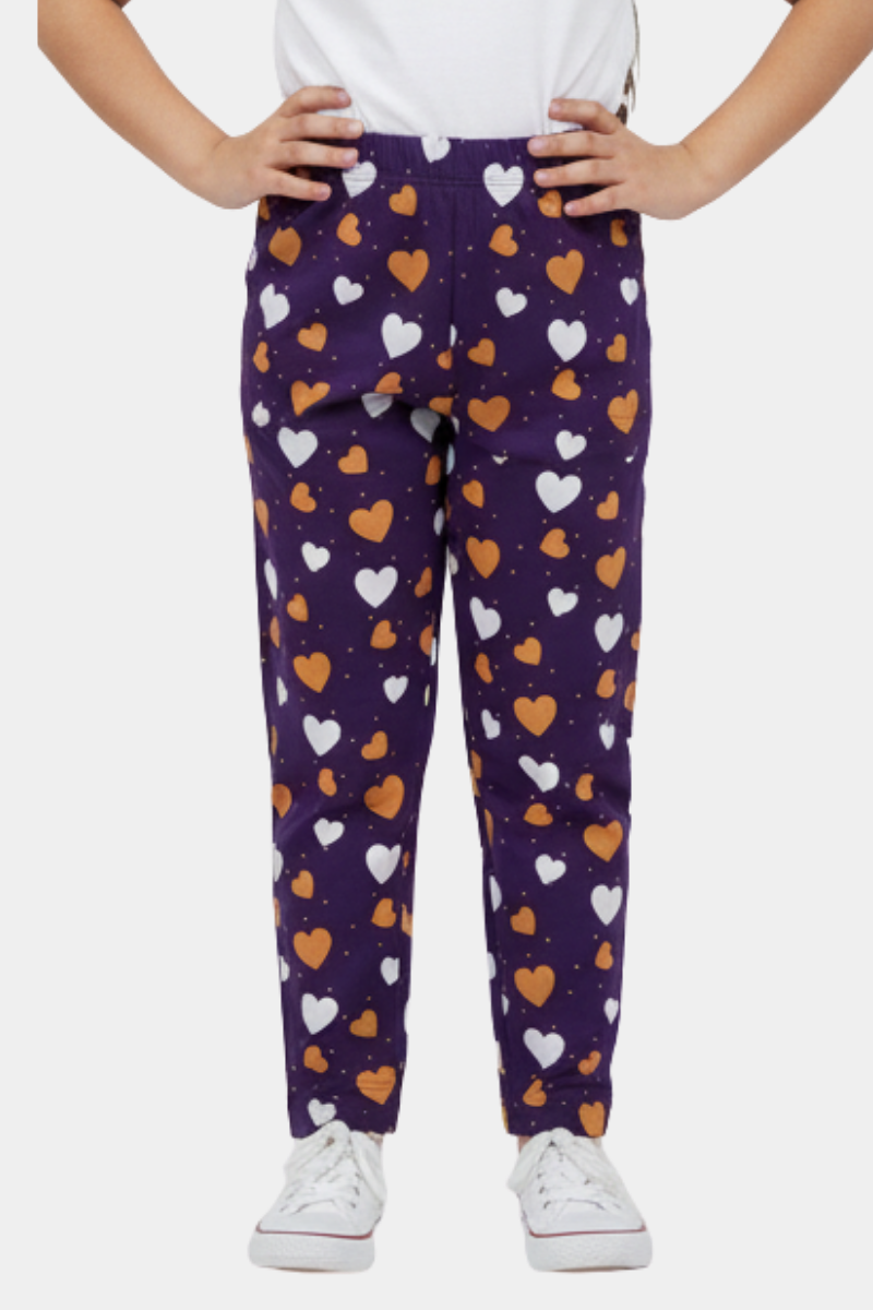 GIRLS ALL OVER PRINTED HEART PAJAMA - PURPLE