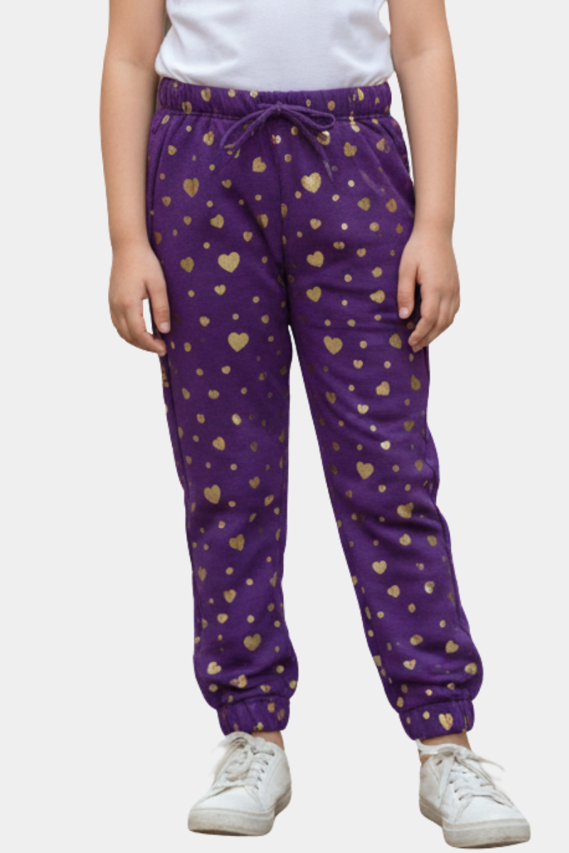 Girls' Purple & Gold Heart Print Fleece Joggers