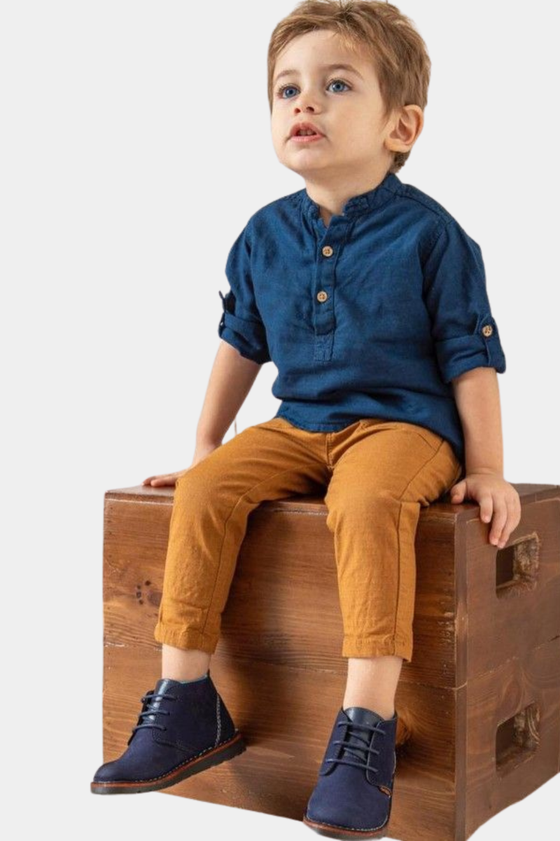Boys' Casual Blue Henley Shirt with Roll-Up Sleeves