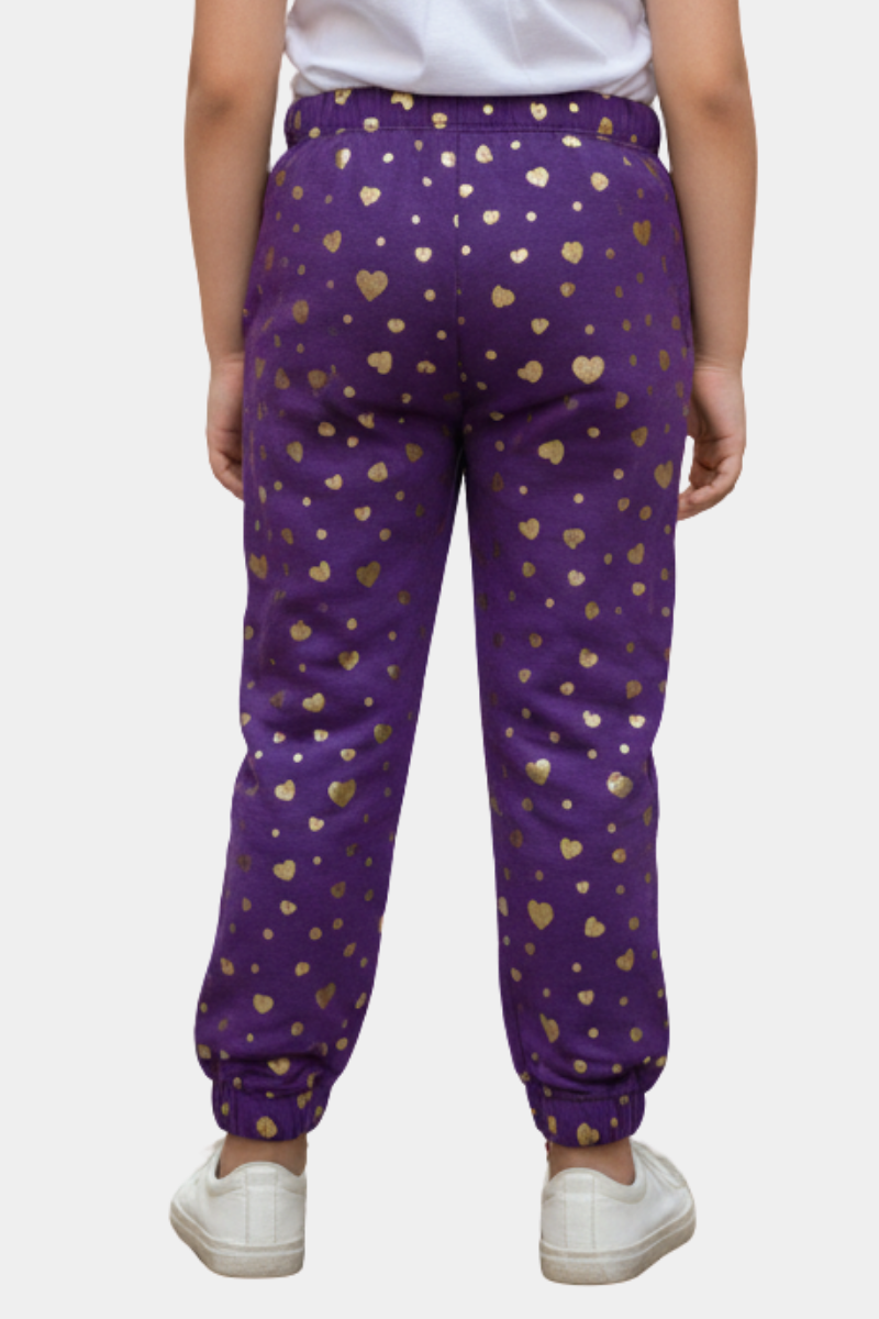 Girls' Purple & Gold Heart Print Fleece Joggers