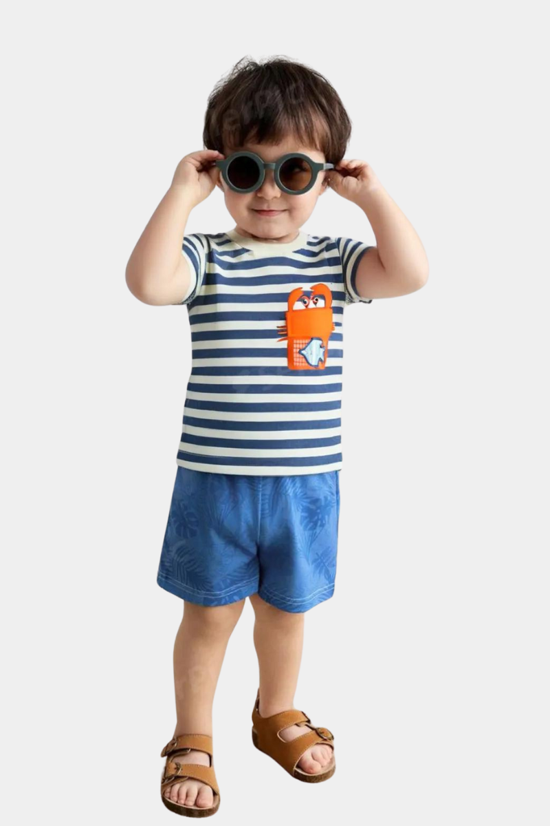 Nautical Striped Kids' T-Shirt with Fun Cartoon Pocket – Blue & White