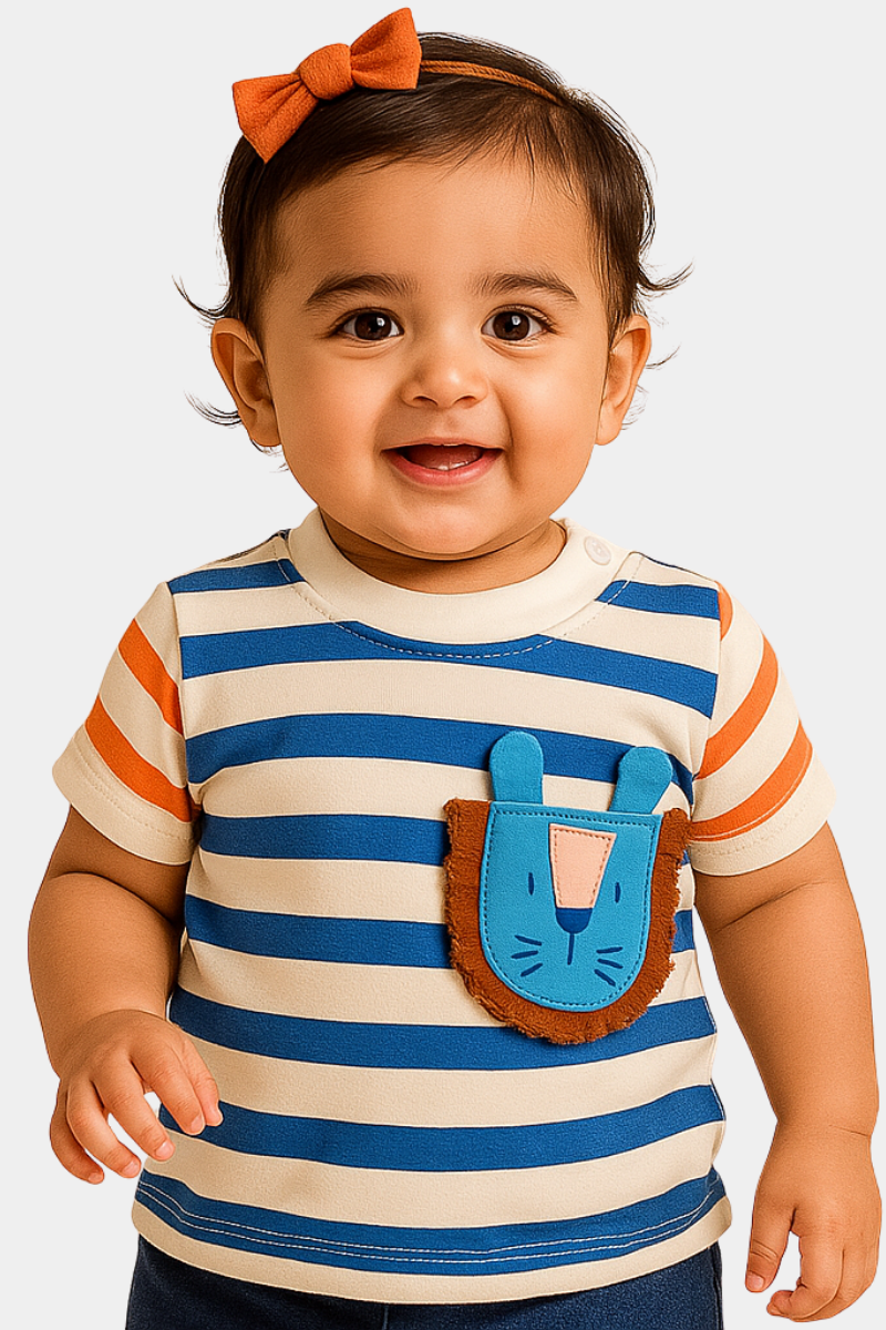 Infants Striped T-Shirt with Cute Animal Patch – Soft Cotton Tee for Boys & Girls