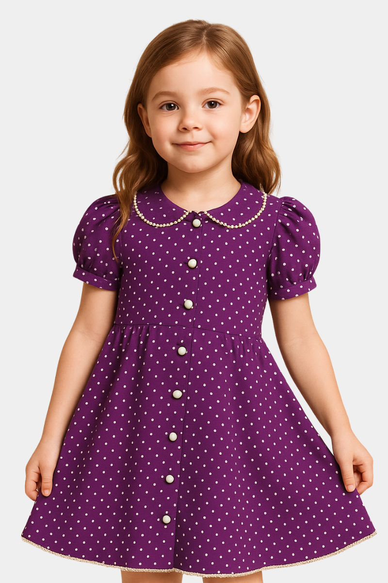 Girls’ Purple Polka Dot Dress Shirt with Pearl Detail – Single Shirt